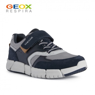 Ténis desportivo GEOX azul e cinzento com fecho de velcro e atacadores elásticos