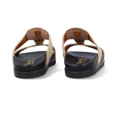 Sandálias de dedo bege e castanho com sola preta vista de trás