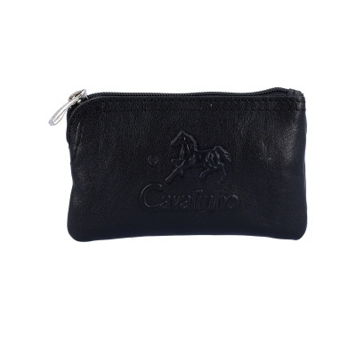 Bolsa pequena preta em pele com fecho prateado e logótipo em relevo