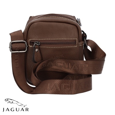 Bolsa pequena castanha em couro com alça larga ajustável e bolso frontal, texto JAGUAR na alça