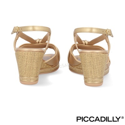 Sandálias douradas de salto médio com tiras finas e fivela no tornozelo