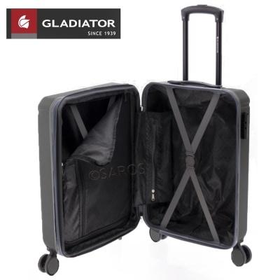 Mala de viagem rígida preta aberta com rodas e alça telescópica