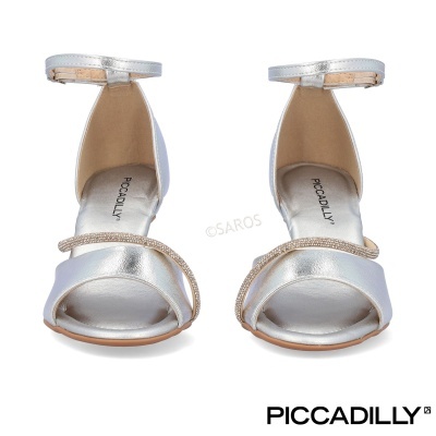 Sandálias femininas prateadas com detalhe de cristais e fecho no tornozelo