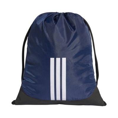 Mochila saco azul escuro com três riscas verticais brancas e parte inferior preta