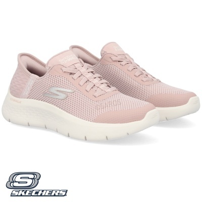 Sapatilhas Skechers rosas com sola branca e malha respirável