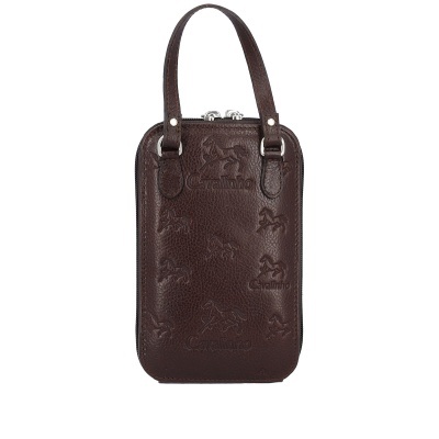 Bolsa castanha de pele com estampado de cavalos e texto Cavalinho