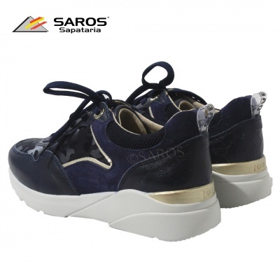 Ténis Saros masculinos azul escuro com detalhes camuflados e solas brancas e douradas