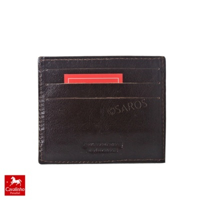 Carteira fina para cartões de crédito em couro castanho escuro com textura lisa e costura visível