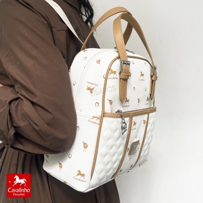 Mala branca com padrão Cavalinho castanho e alças de pele castanha