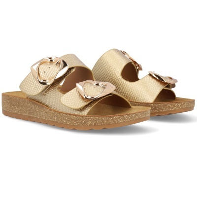 Sandálias douradas de duas tiras com fivelas grandes douradas