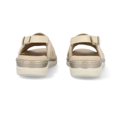Vista traseira de sandálias femininas bege com sola branca e detalhe metálico prateado