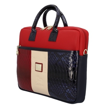 Mala de trabalho com alças e bolso frontal com três cores e padrões diferentes