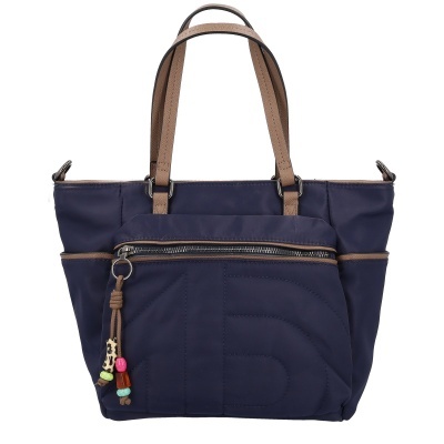 Mala de senhora azul escuro com alças castanhas e bolso frontal com fecho