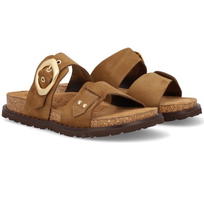 Sandálias castanhas de couro com sola de cortiça e fivela grande