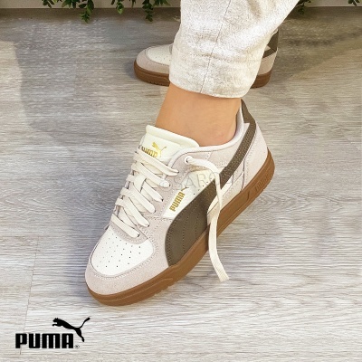 Ténis Puma bege e castanho com sola castanha