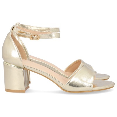 Sandalias de salto dourado com tira dupla no tornozelo