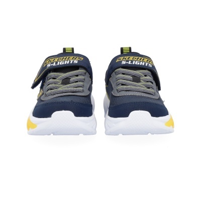 Sapatilhas Skechers S-LIGHTS azuis, cinzentas e amarelas com sola branca e fecho de velcro