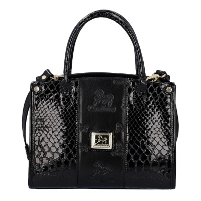Mala de mão preta com padrão pele de cobra e detalhe metálico Cavalinho