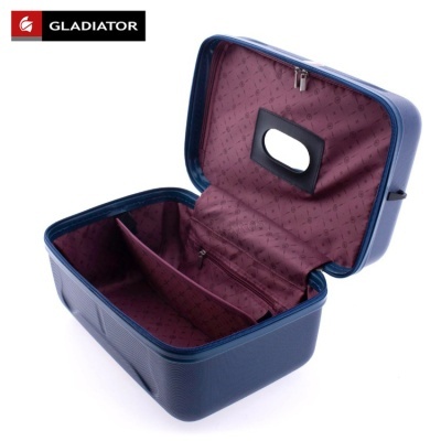 Estojo rígido azul com forro interior roxo aberto e divisória interna