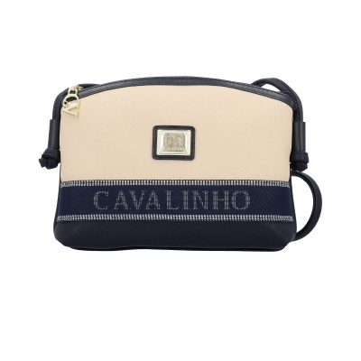 Mala de ombro Cavalinho bege e preta com logótipo dourado e faixa azul
