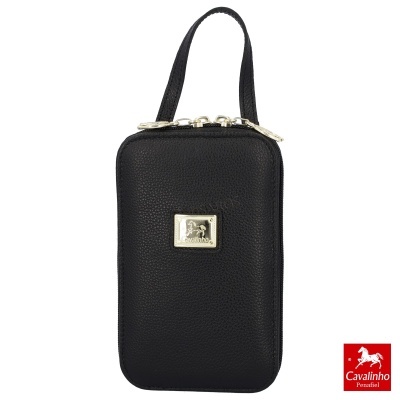 Estojo preto em pele com alça e fecho metálico com placa Cavalinho