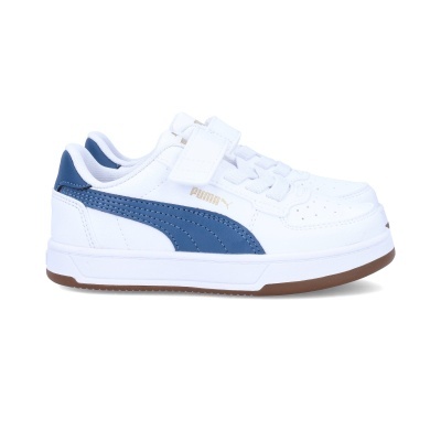 Tênis desportivo branco com detalhes azul escuro e fecho de velcro