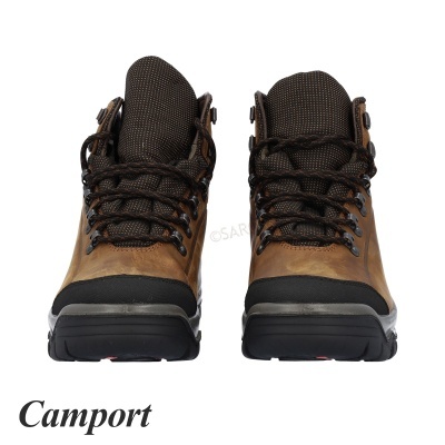 Botas castanhas de caminhada Camport em pele e tecido preto vistas de frente