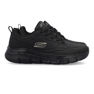 Sapatilhas pretas Skechers com sola grossa e logo cinza