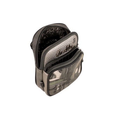 Mini mochila ou bolsa pequena cinza com bolsos e fechos
