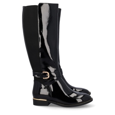 Botas altas pretas em verniz e tecido elástico com fivela dourada