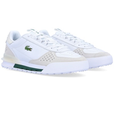 Sapatilhas Lacoste brancas com detalhes em bege e logo de crocodilo verde