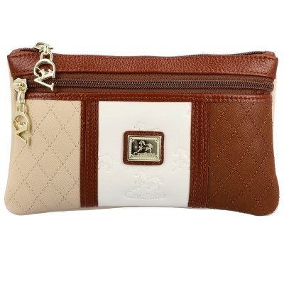 Bolsa de mão retangular bicolor com detalhes em pele castanha e fechos dourados da marca Cavalinho