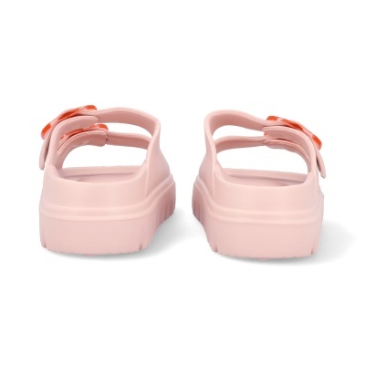 Sandálias de salto plataforma cor rosa com fivela laranja