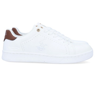 Ténis brancos com detalhes castanhos e logotipo bordado