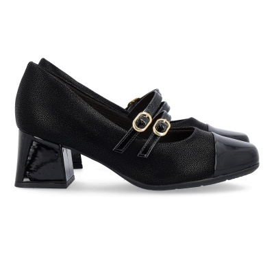 Sapatos femininos pretos com salto médio e tiras com fivelas douradas
