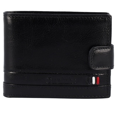 Carteira preta em couro com fecho de aba e detalhes coloridos