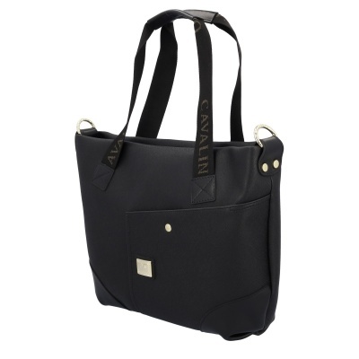 Mala tote preta com alças de tecido e detalhes dourados