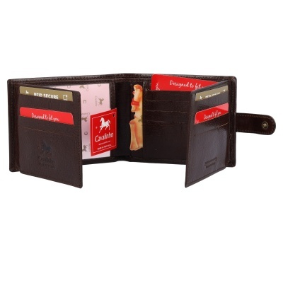 Carteira de couro castanho aberta com separadores e etiquetas vermelhas