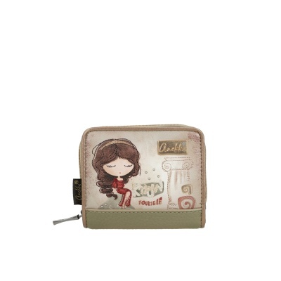 Carteira compacta bege com ilustração de rapariga e texto