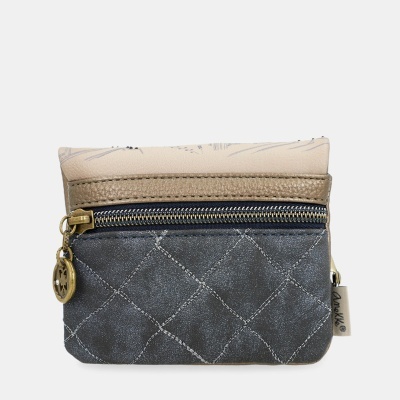 Carteira pequena cinzenta com zíper dourado e detalhes em bege