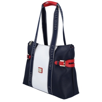 Mala de mão azul escuro, branco e vermelho com alças azuis com texto CAVALINHO