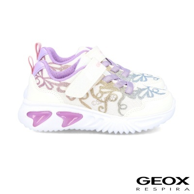 Sapatilhas infantis Geox brancas com detalhes lilás e padrão colorido