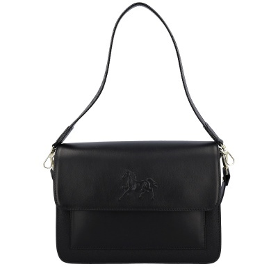 Mala de senhora preta com alça rígida e cavalo em relevo