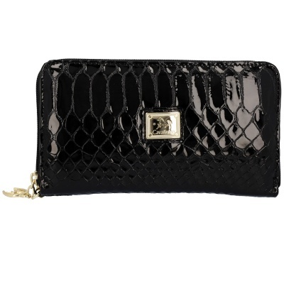Carteira preta com padrão croco brilhante e placa metálica Cavalinho