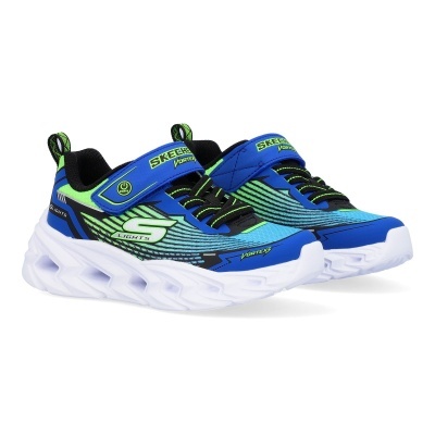 Ténis infantis Skechers Vortex azuis com verde neon e sola branca