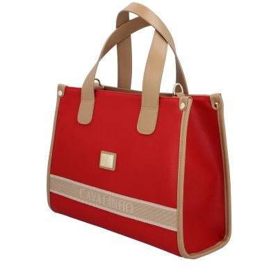 Mala de senhora vermelha com alças bege e detalhes metálicos dourados