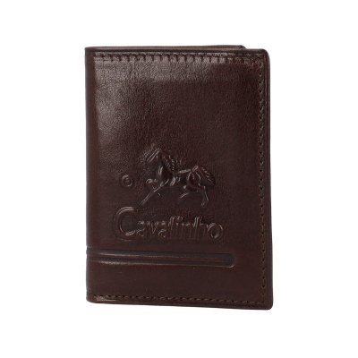 Carteira de couro castanha com relevo de cavalo e texto Cavallinho