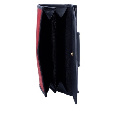 Carteira preta e vermelha aberta com compartimento de fecho