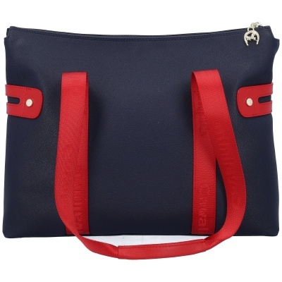 Mala azul escura com alças vermelhas