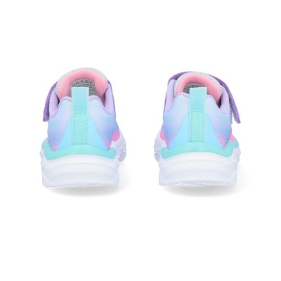 Sapatilhas desportivas infantis lilás, azul e rosa vistas por trás